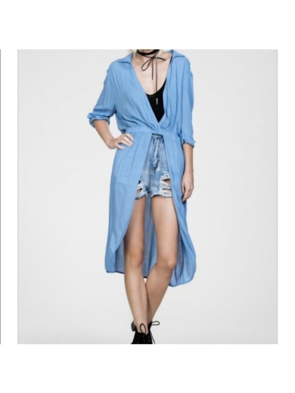 En Crème Duster Shirt Cover-Up With Rolled Sleeves